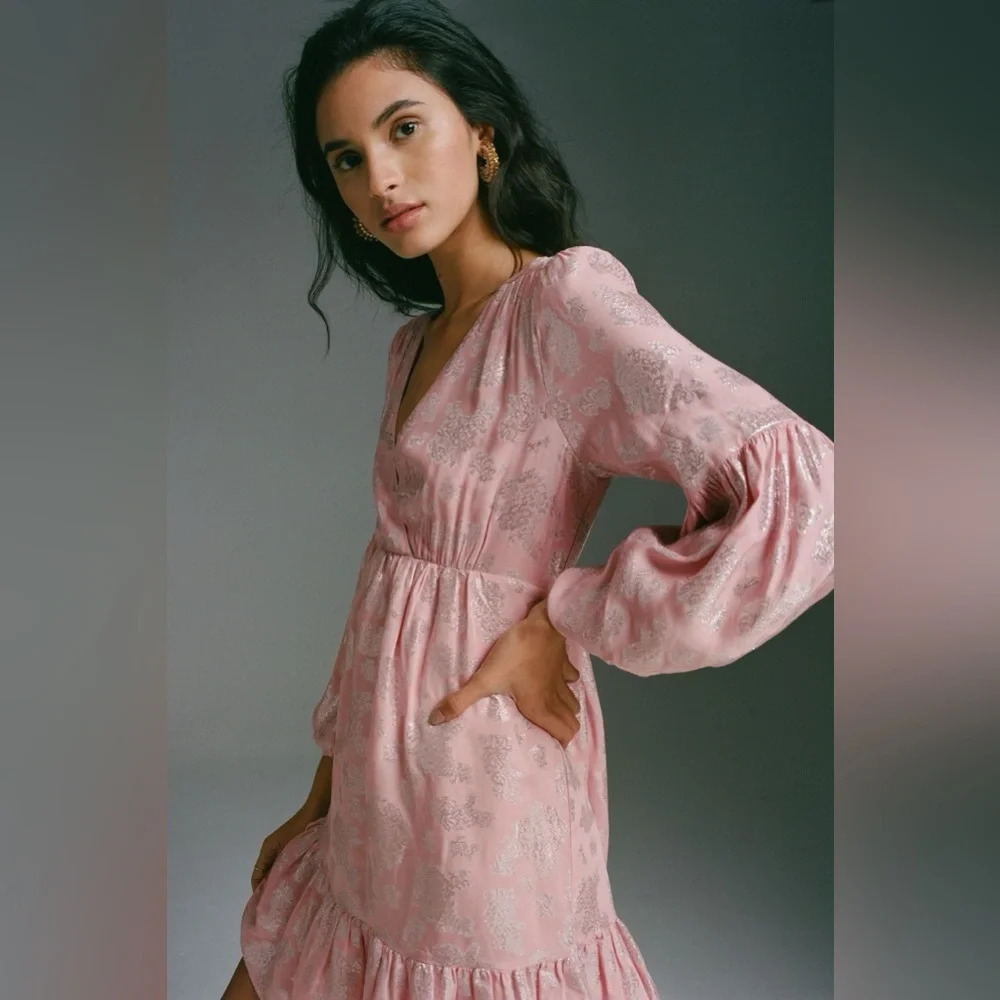 Anthropologie Jolene Jacquard Mini Dress Pink Shimmer Sparkle Puff Sleeve XS NWT - Picture 3 of 9